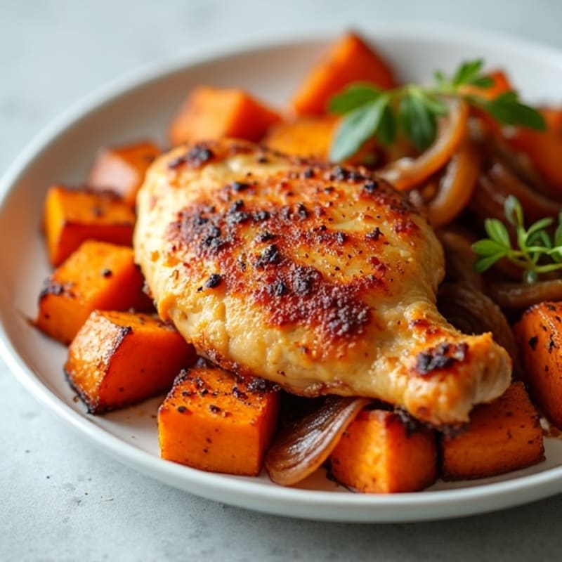 Crispy Baked Chicken with Roasted Sweet Potatoes and Onions