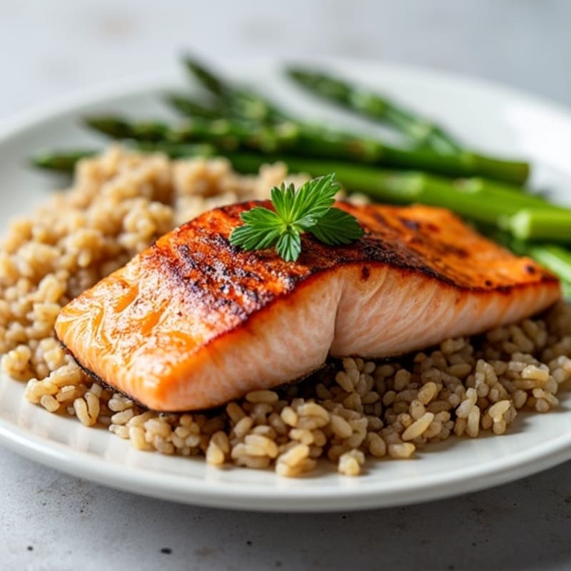 Seared Salmon with Steamed Asparagus and Brown Rice