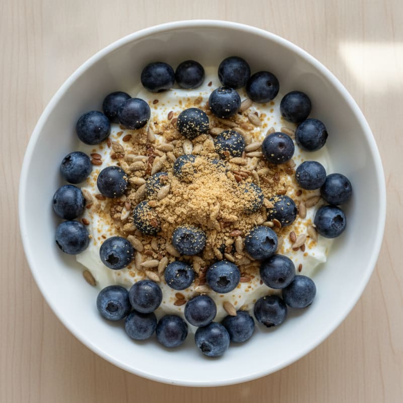 Blueberry Greek Yogurt Bowl with Flax and Sunflower Seeds