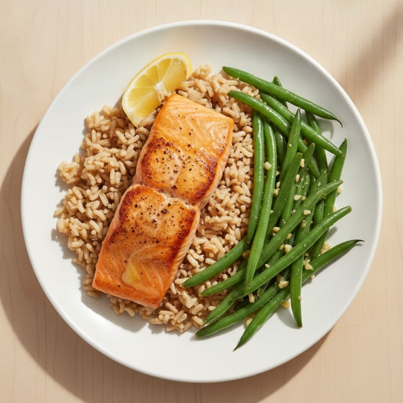 Seared Salmon Fillet with Garlic Green Beans and Brown Rice
