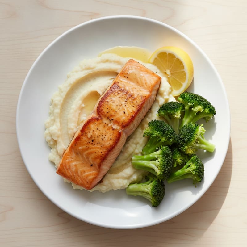 Seared Salmon with Steamed Broccoli and Garlic Cauliflower Mash
