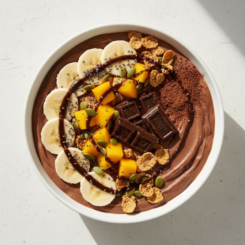 Chocolate Protein Greek Yoghurt Bowl with Banana, Mango, and Dark Chocolate
