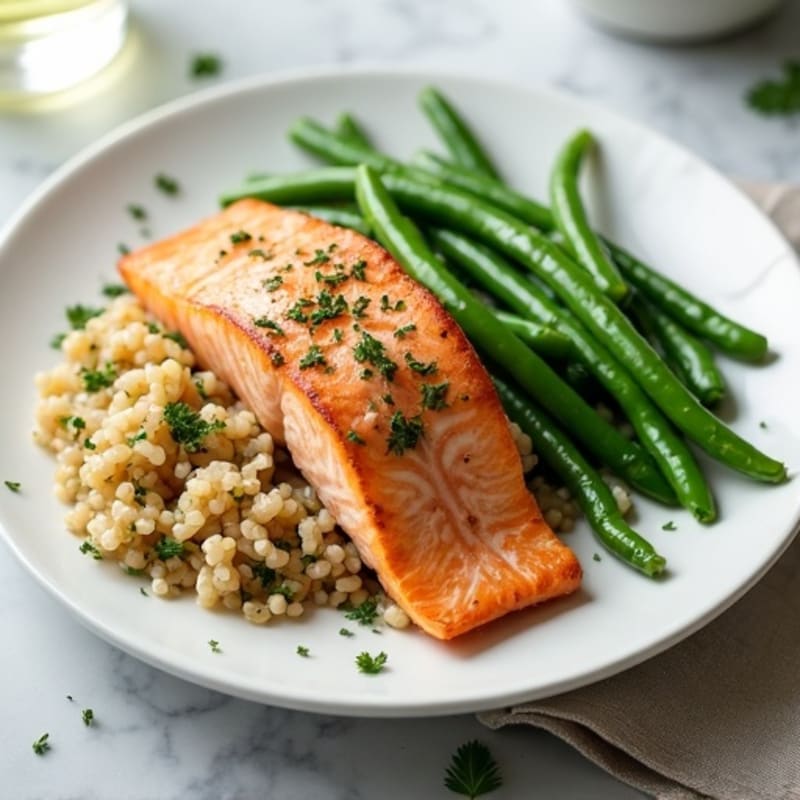 Seared Salmon with Steamed Green Beans and Lemon-Herb Brown Rice