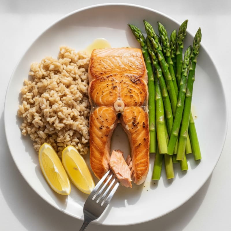 Seared Salmon with Steamed Asparagus and Brown Rice