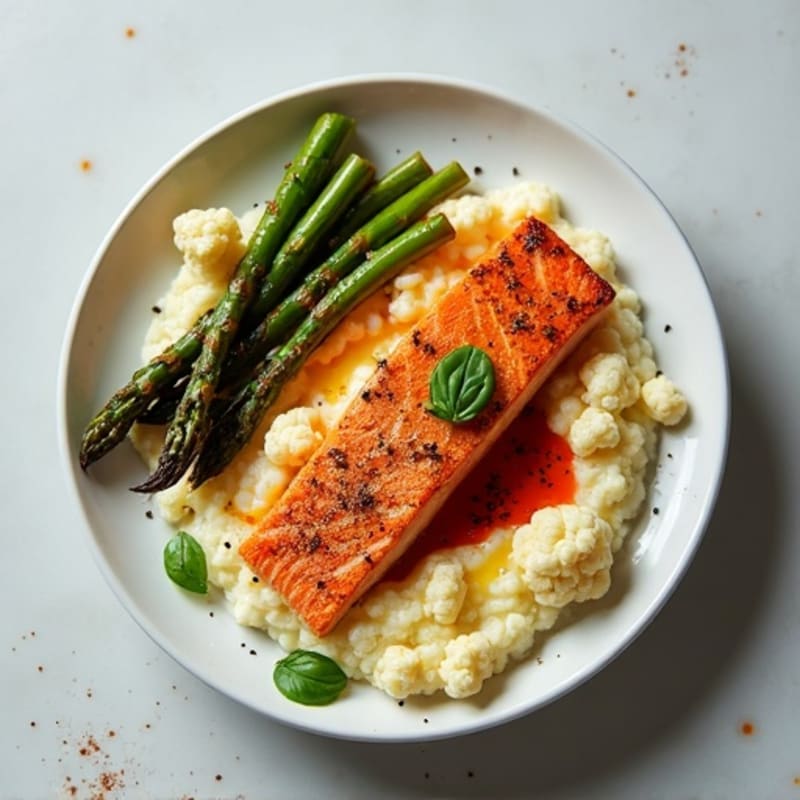 Harissa-Spiced Salmon with Creamy Cauliflower Mash and Roasted Asparagus