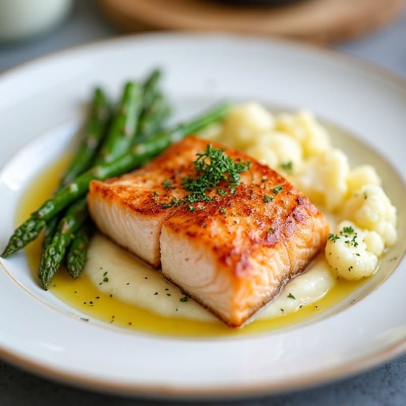 Seared Salmon with Steamed Asparagus and Cauliflower Mash