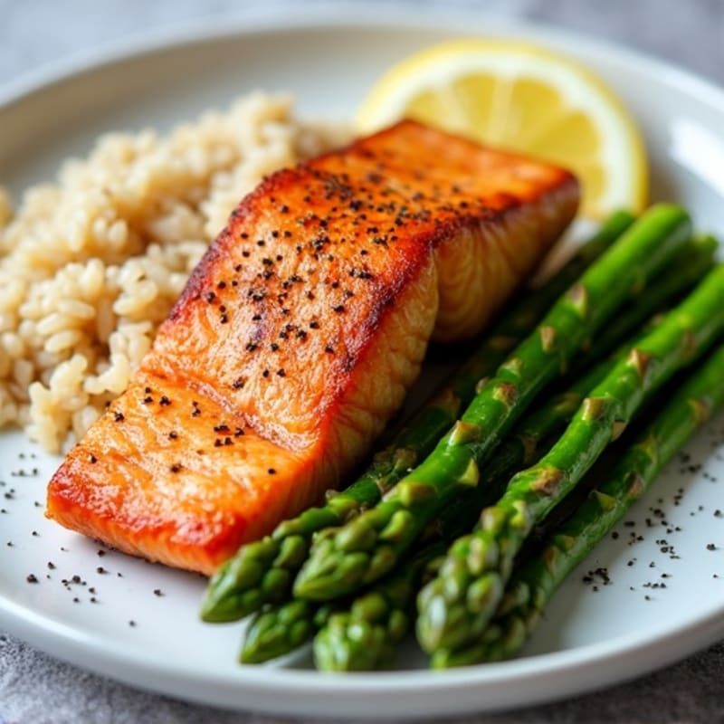 Seared Salmon Fillet with Steamed Asparagus and Brown Rice