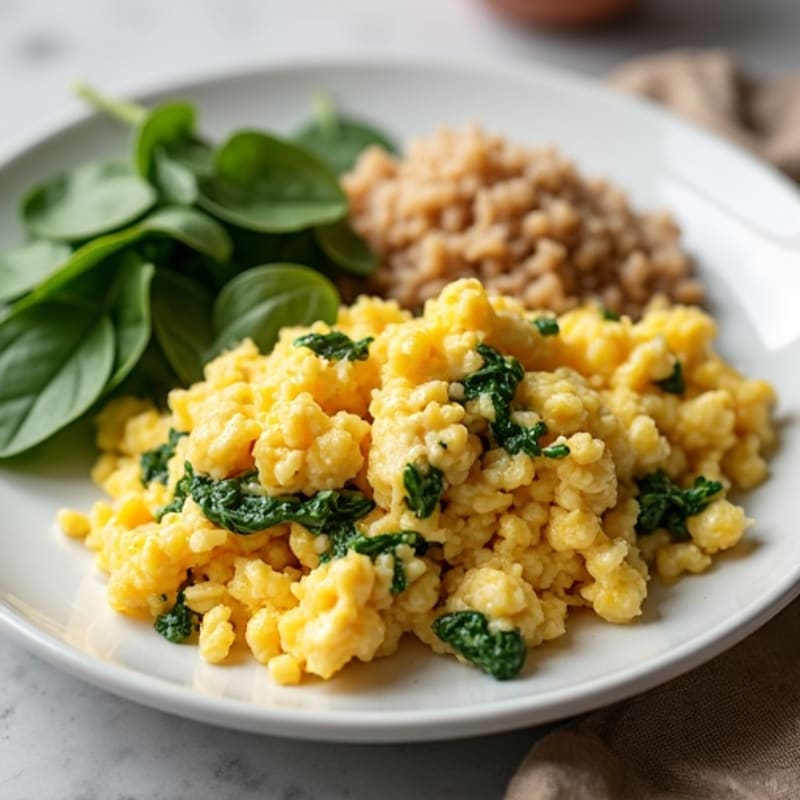 Scrambled Eggs with Chicken, Spinach, and Brown Rice