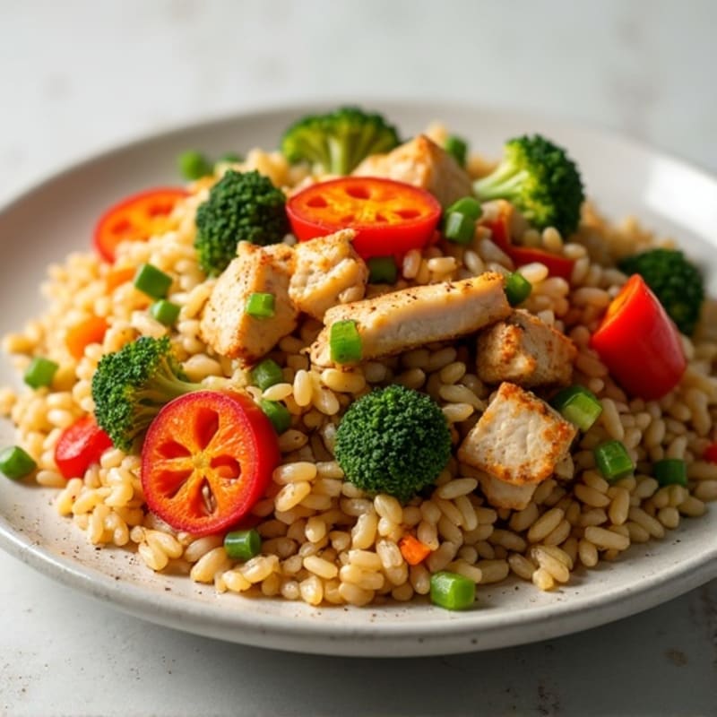 Savory Chicken and Crispy Veggie Fried Brown Rice