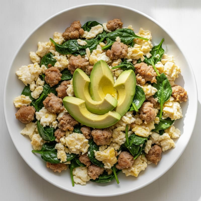Scrambled Egg Whites with Turkey Sausage and Sautéed Spinach