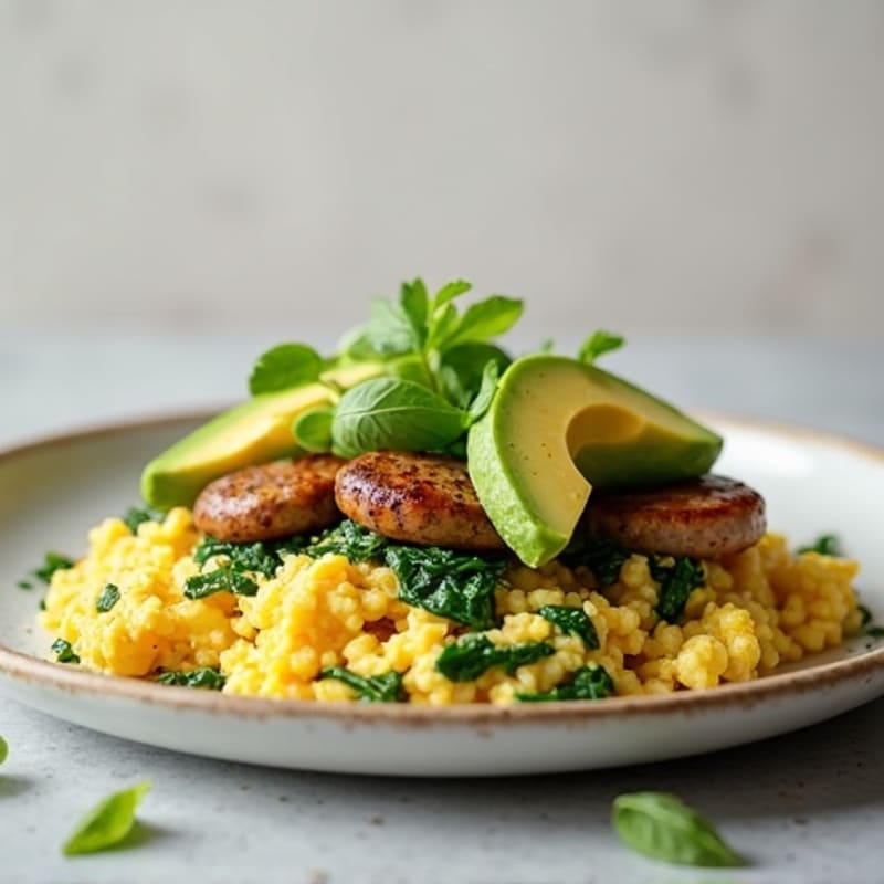 Egg White and Turkey Sausage Scramble with Sautéed Spinach