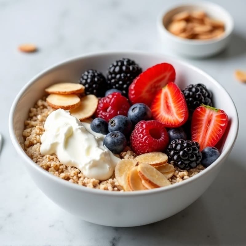 Greek Yogurt and Cottage Cheese Oatmeal Bowl with Sliced Almonds and Berries