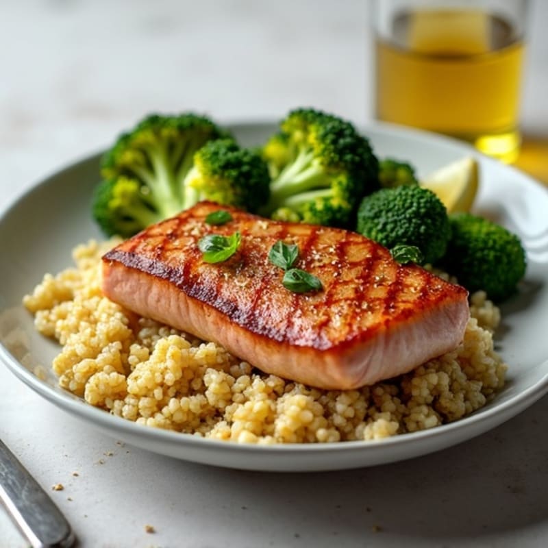 Seared Tuna Steak with Roasted Broccoli and Quinoa