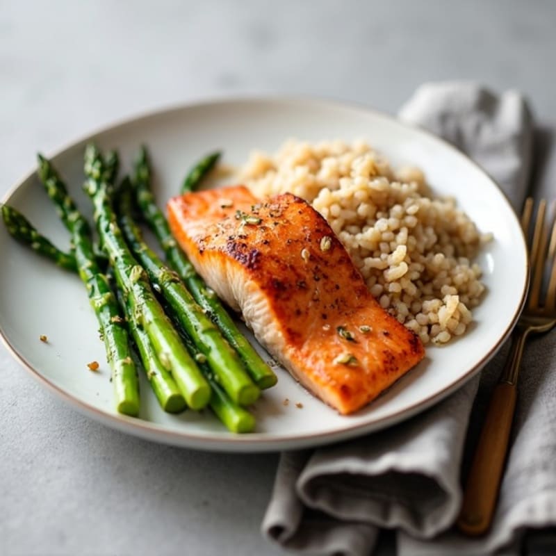 Seared Salmon with Steamed Asparagus and Brown Rice