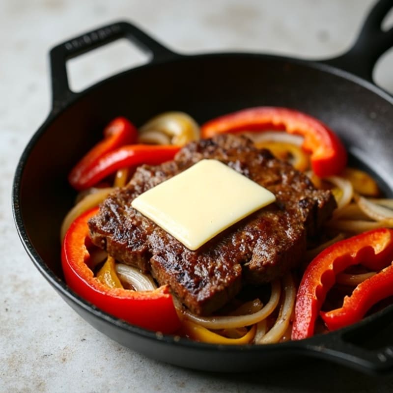 Lean Sirloin Steak Skillet with Sautéed Peppers, Onions, and Creamy Provolone