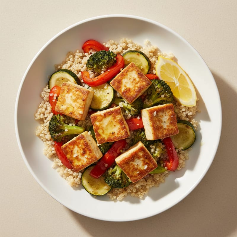 Crispy Tofu and Roasted Vegetable Bowl with Quinoa
