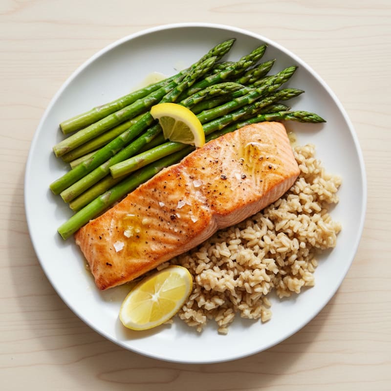 Seared Salmon with Steamed Asparagus and Brown Rice