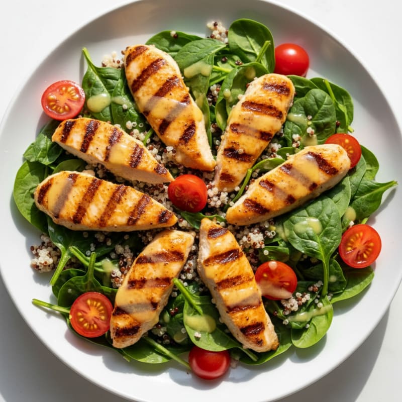 Grilled Chicken Breast Salad with Quinoa, Cherry Tomatoes, and Lemon Vinaigrette