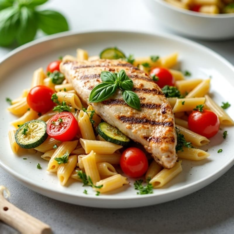 Healthy Chicken Pesto Whole Wheat Pasta with Roasted Vegetables