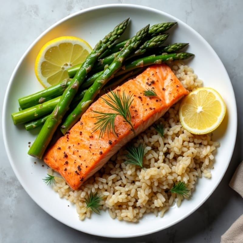 Pan-Seared Salmon with Steamed Asparagus and Herbed Brown Rice
