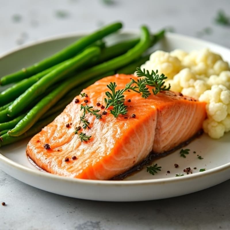 Seared Salmon Fillet with Steamed Green Beans and Garlic Mashed Cauliflower