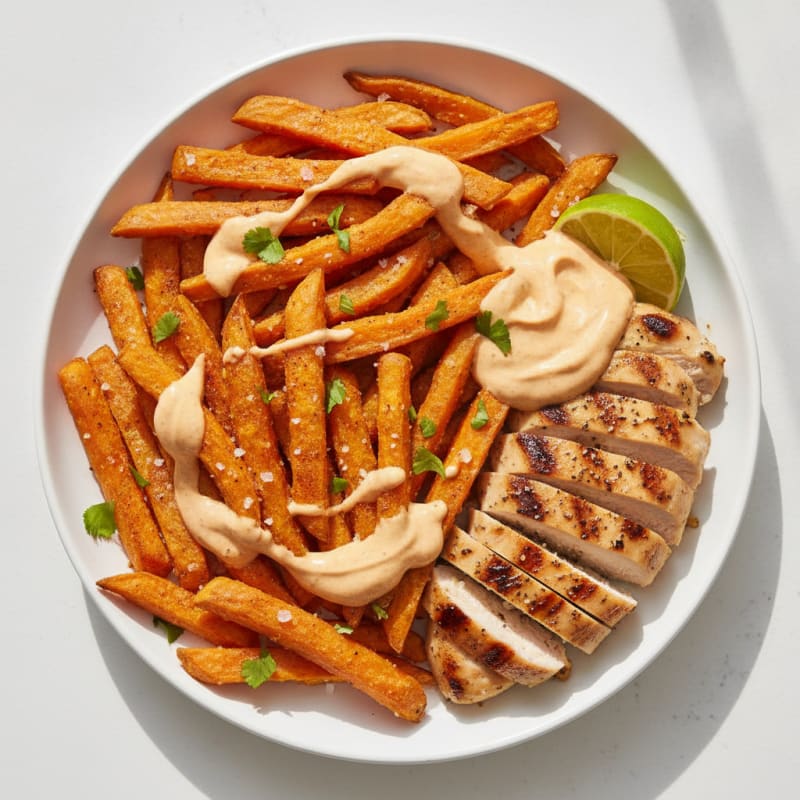 Sweet Potato Fries with Chipotle Aioli and Grilled Chicken