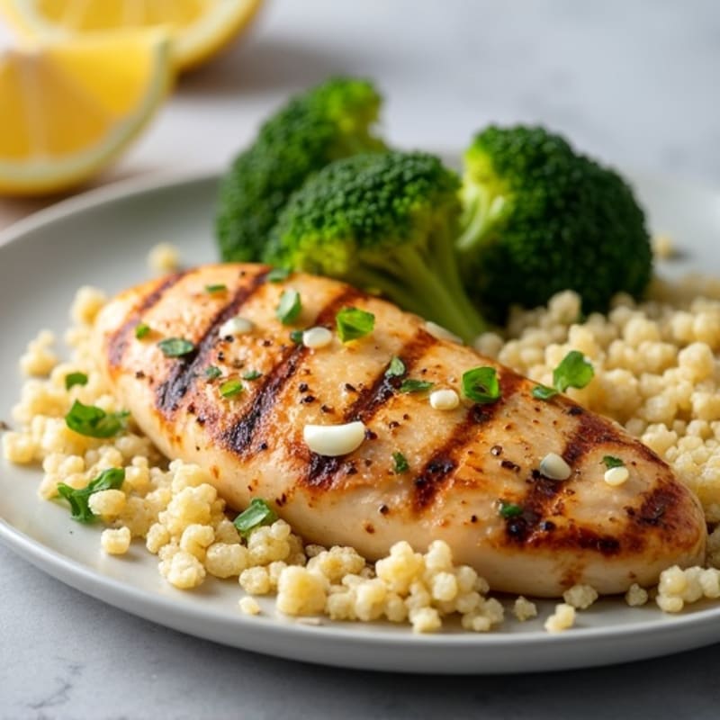Grilled Lemon-Garlic Chicken Breast with Quinoa and Roasted Broccoli
