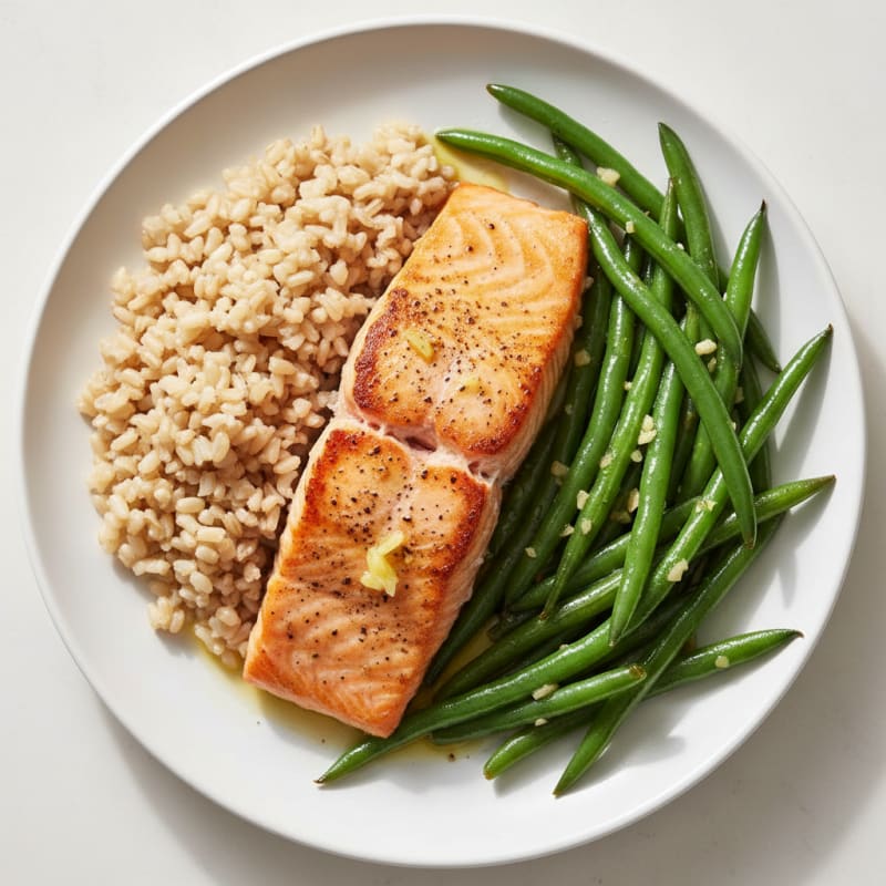 Seared Salmon with Garlic Green Beans and Brown Rice