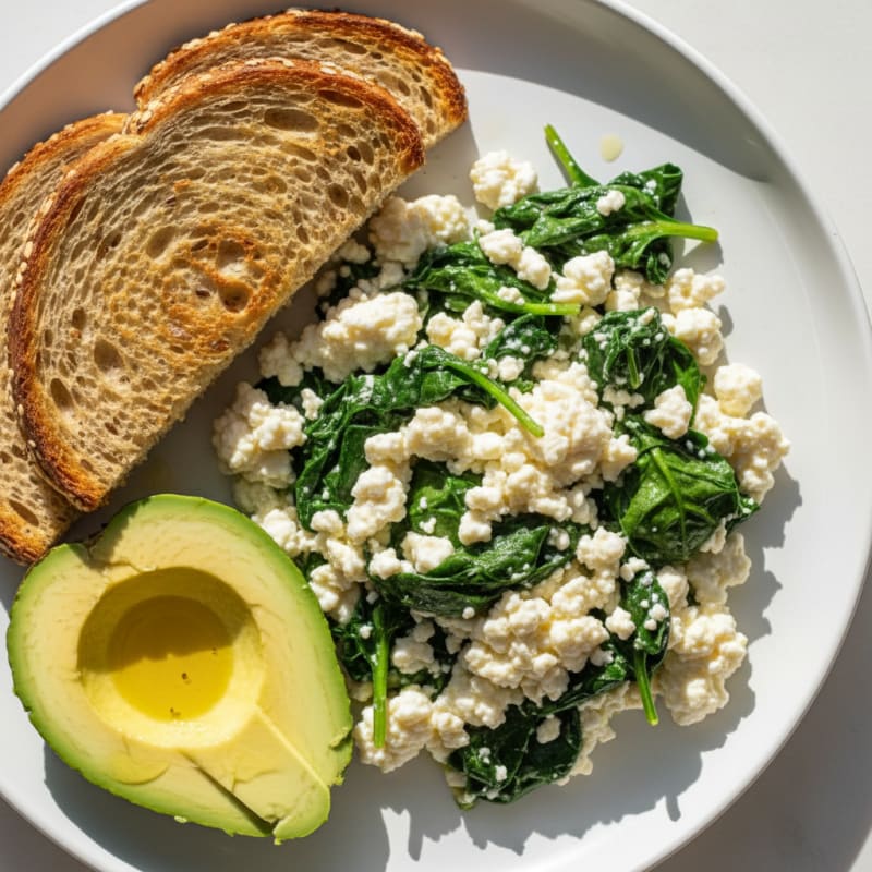 Egg White and Cottage Cheese Scramble with Sautéed Spinach