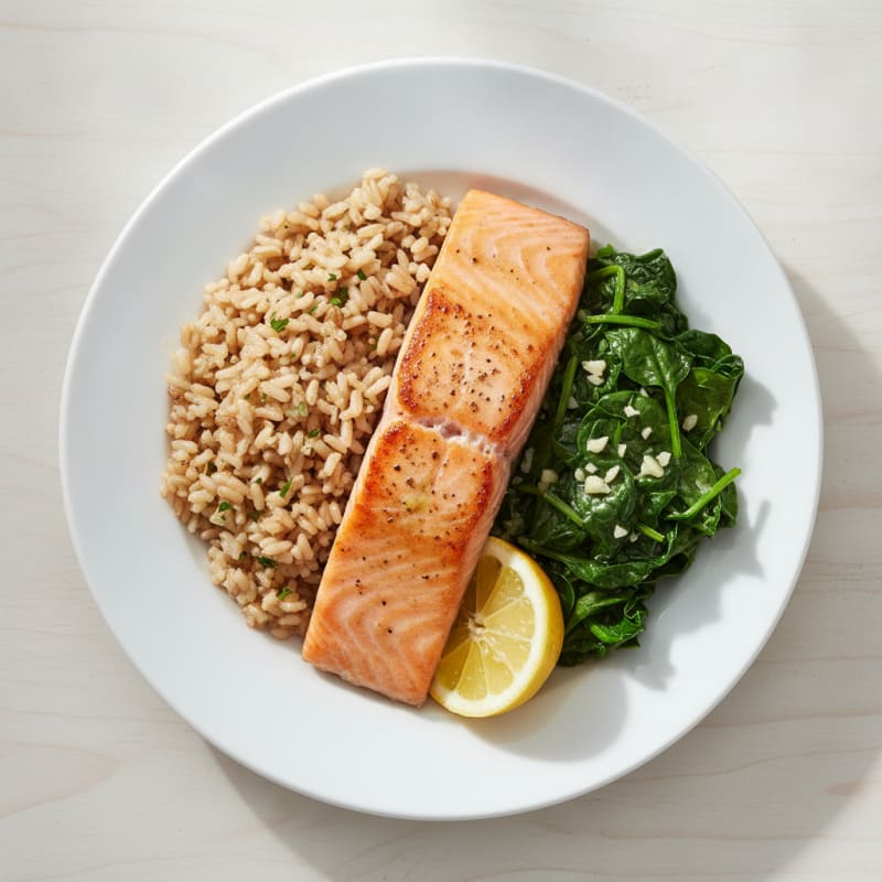 Seared Salmon with Garlic Sautéed Spinach and Brown Rice