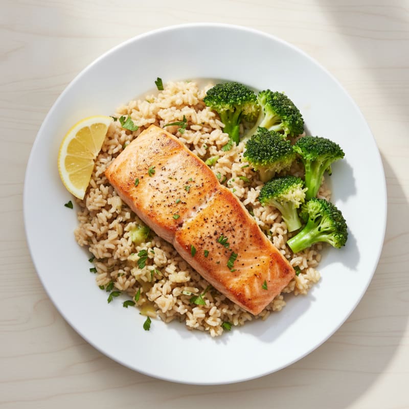 Seared Salmon with Steamed Broccoli and Herb Brown Rice