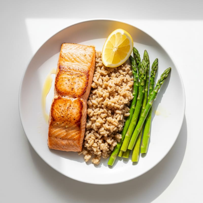Seared Salmon with Steamed Asparagus and Brown Rice