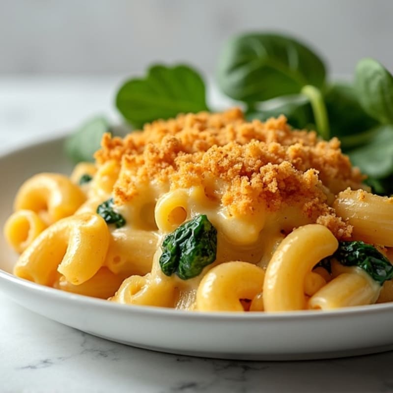 Crispy Topped Mac and Cheese Bake with Chicken and Greens