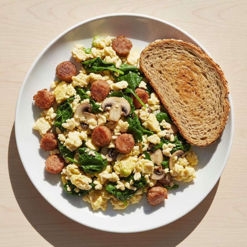 Egg White Spinach Scramble with Turkey Sausage and Sautéed Mushrooms