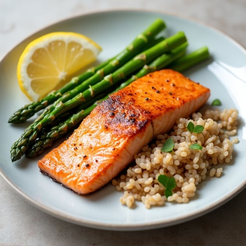 Seared Salmon Fillet with Steamed Asparagus and Brown Rice