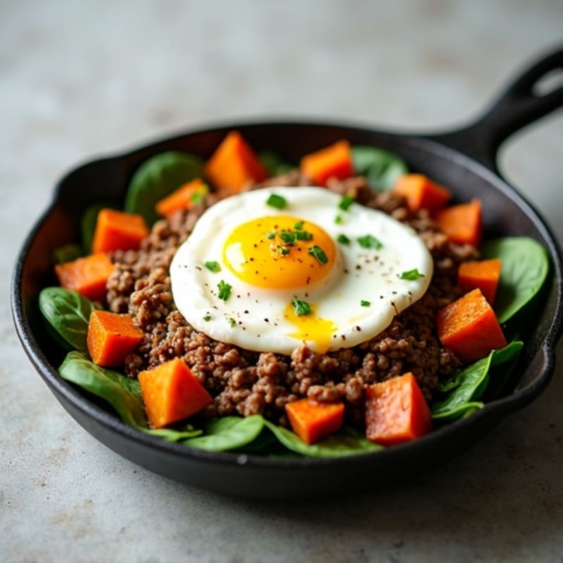 Lean Ground Beef and Roasted Sweet Potato Skillet