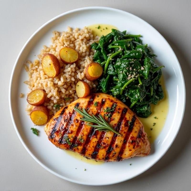 Lemon-Herb Grilled Chicken and Steak with Roasted Potatoes, Brown Rice, and Sautéed Greens