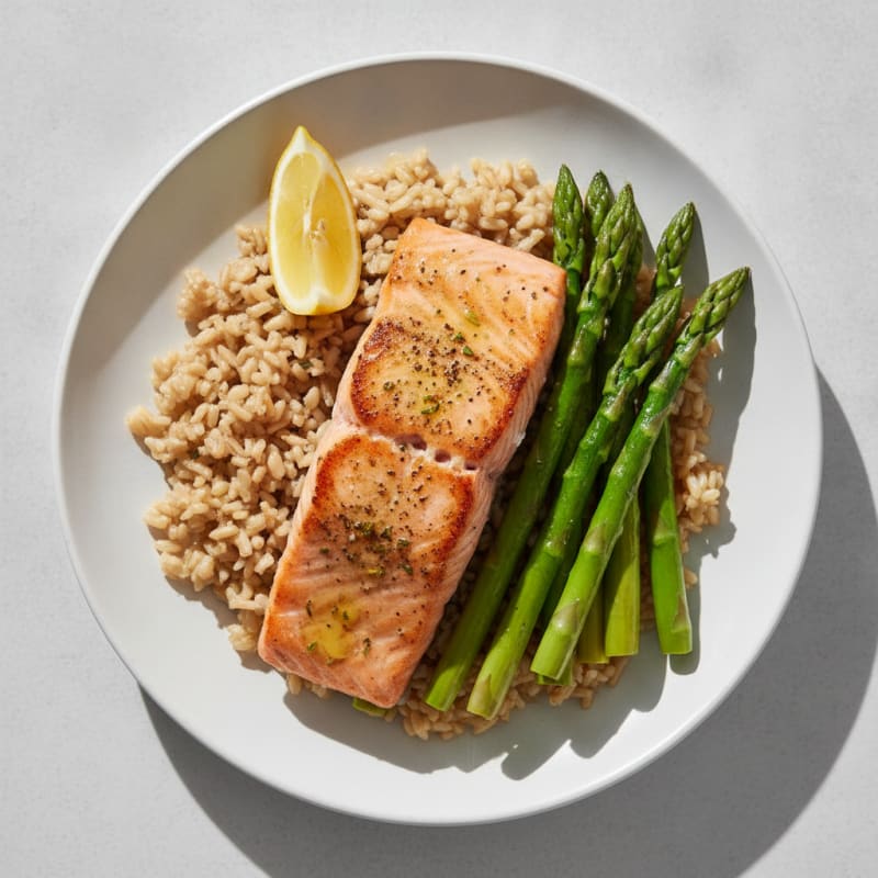 Seared Salmon Fillet with Steamed Asparagus and Brown Rice