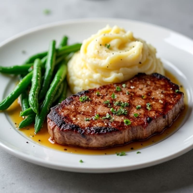 Seared Sirloin Steak with Garlic Mashed Potatoes and Steamed Green Beans