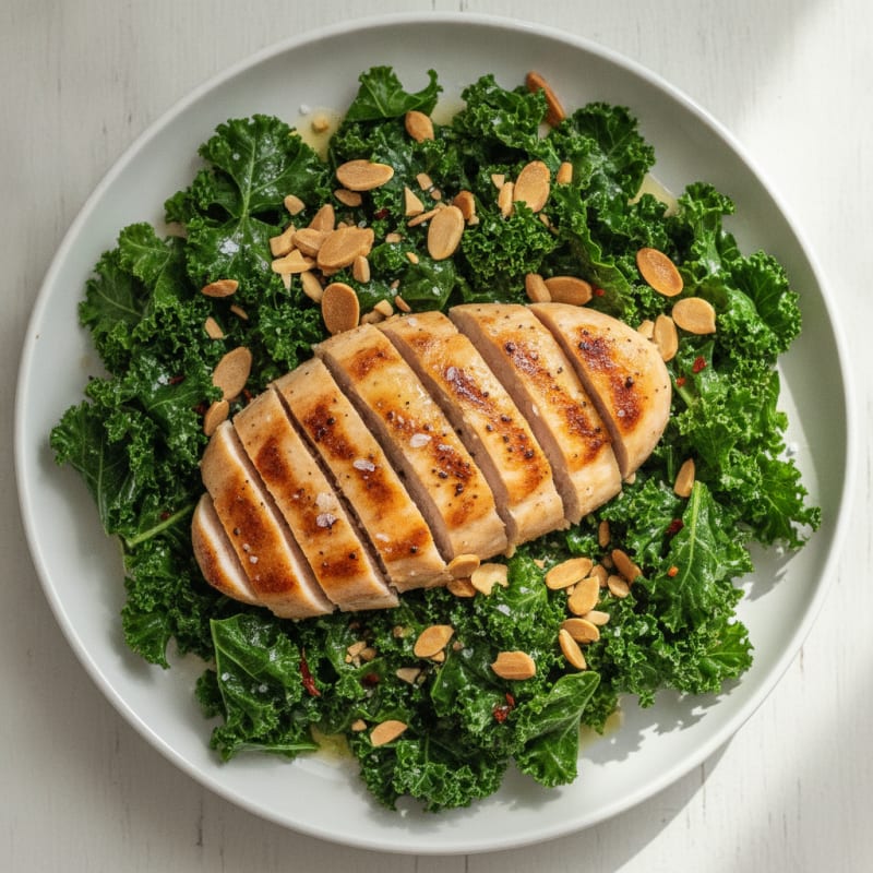 Garlic-Braised Kale with Toasted Almonds and Sautéed Chicken