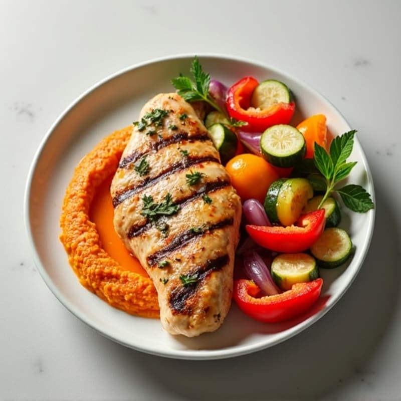 Lemon Herb Grilled Chicken with Creamy Roasted Red Pepper Hummus and Roasted Vegetables