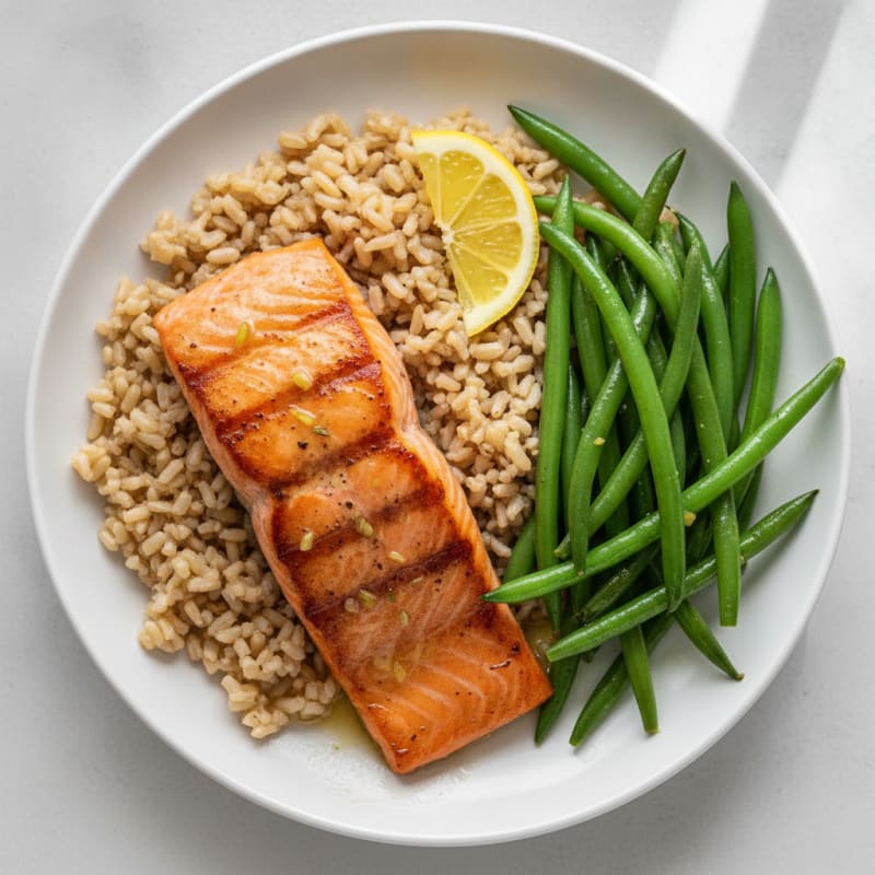 Seared Salmon with Steamed Green Beans and Brown Rice