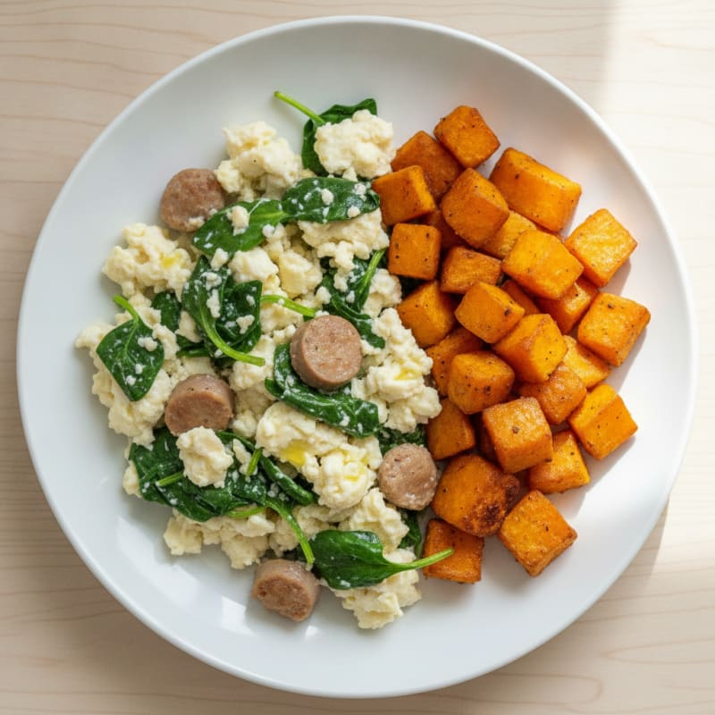 Egg White Spinach Scramble with Turkey Sausage and Roasted Sweet Potatoes
