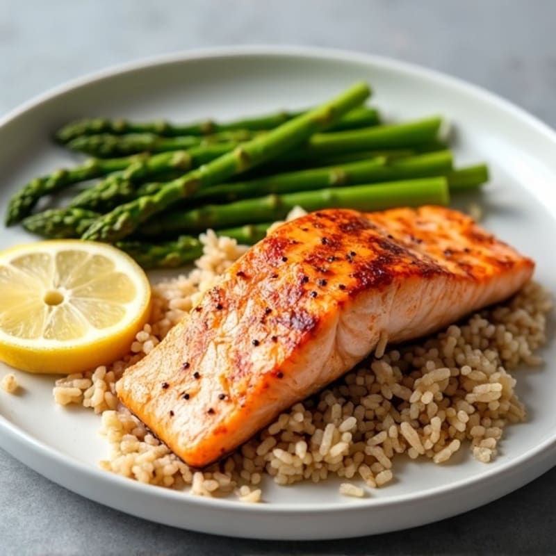Seared Salmon with Steamed Asparagus and Brown Rice