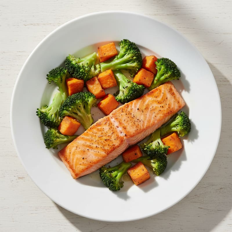 Seared Salmon with Steamed Broccoli and Roasted Sweet Potatoes