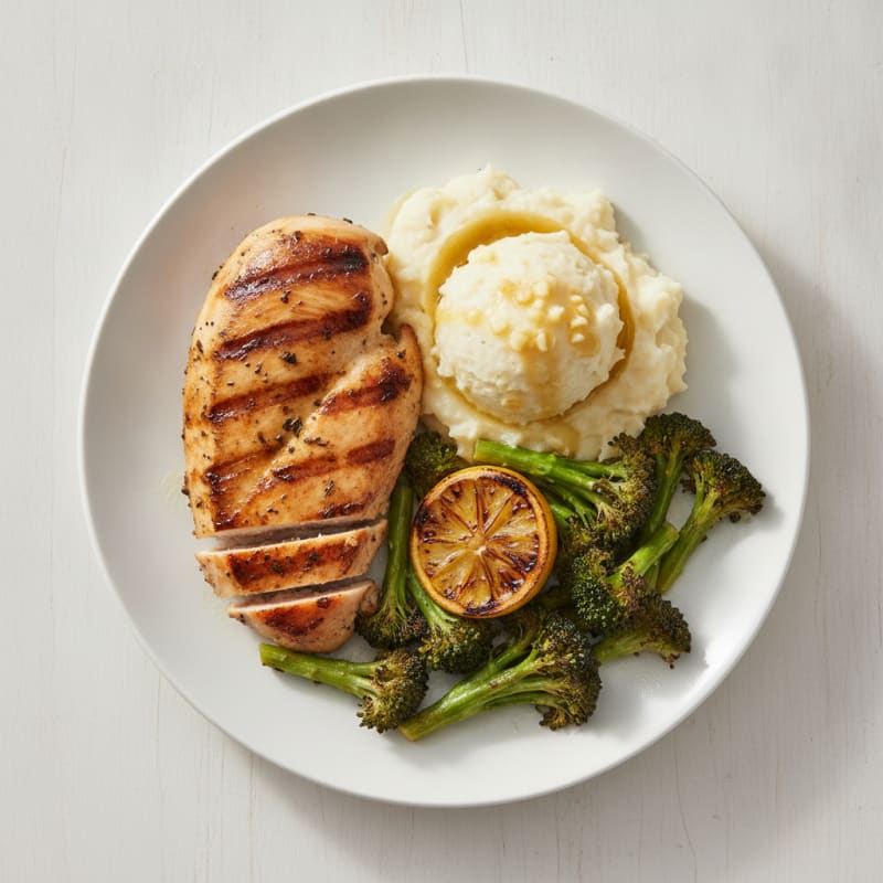 Grilled Chicken Breast with Roasted Broccoli and Garlic Mashed Potatoes
