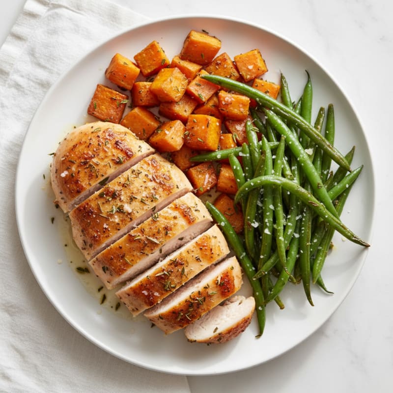 Herb-Roasted Chicken Breast with Roasted Sweet Potato and Green Beans