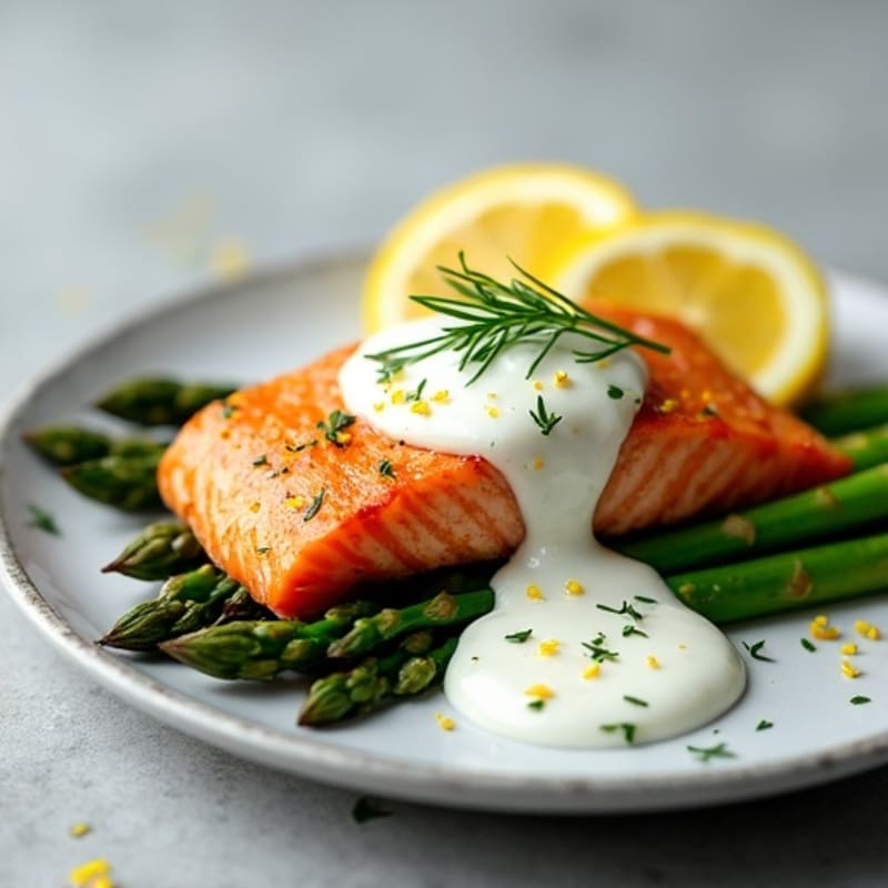 Seared Salmon with Asparagus and Lemon Zest Yogurt Sauce