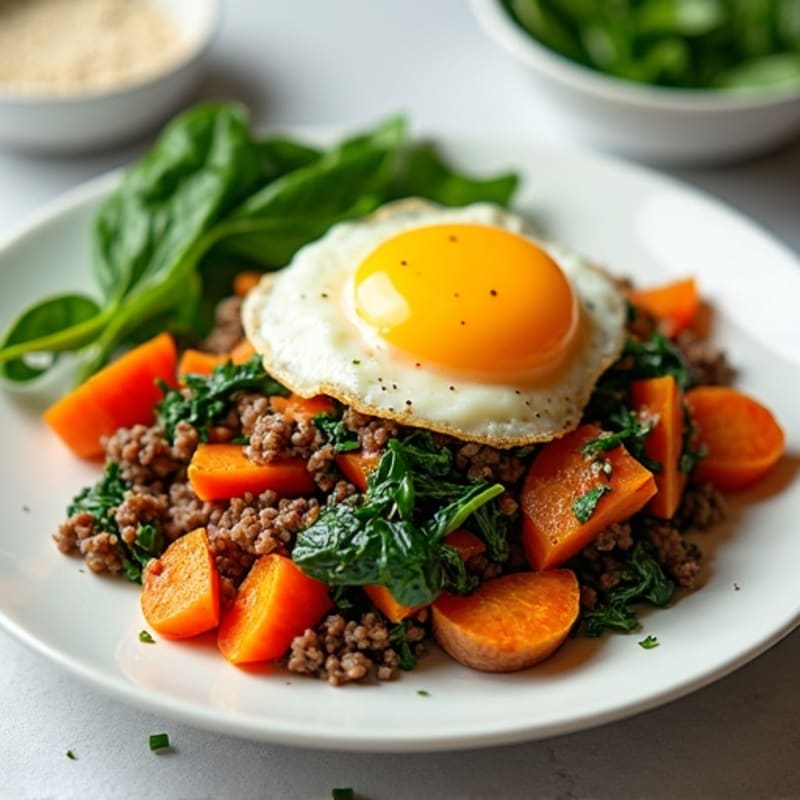 Ground Beef and Spinach Scramble with Sweet Potato