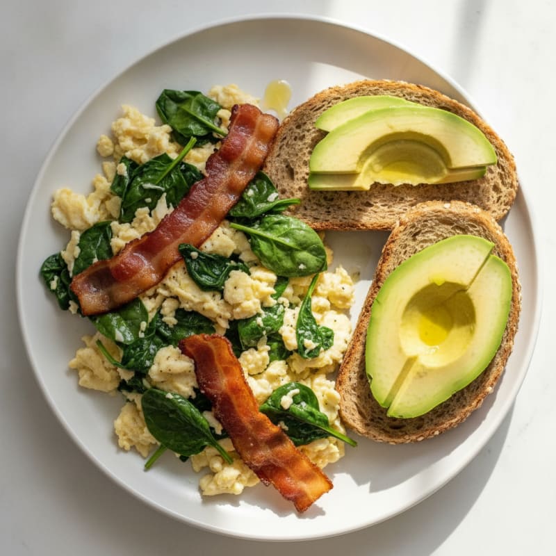 Crispy Turkey Bacon and Egg White Scramble with Sautéed Spinach